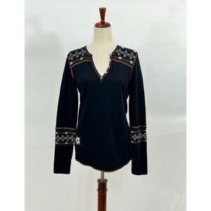 ALP n ROCK Sz L Large Black Embroidered Henley Top Shirt Floral Vintage Cross